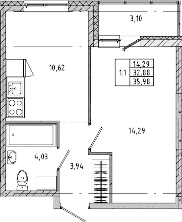 1-комнатная квартира 32.27 м², 19/21 эт., ЖК «Новые горизонты 2»